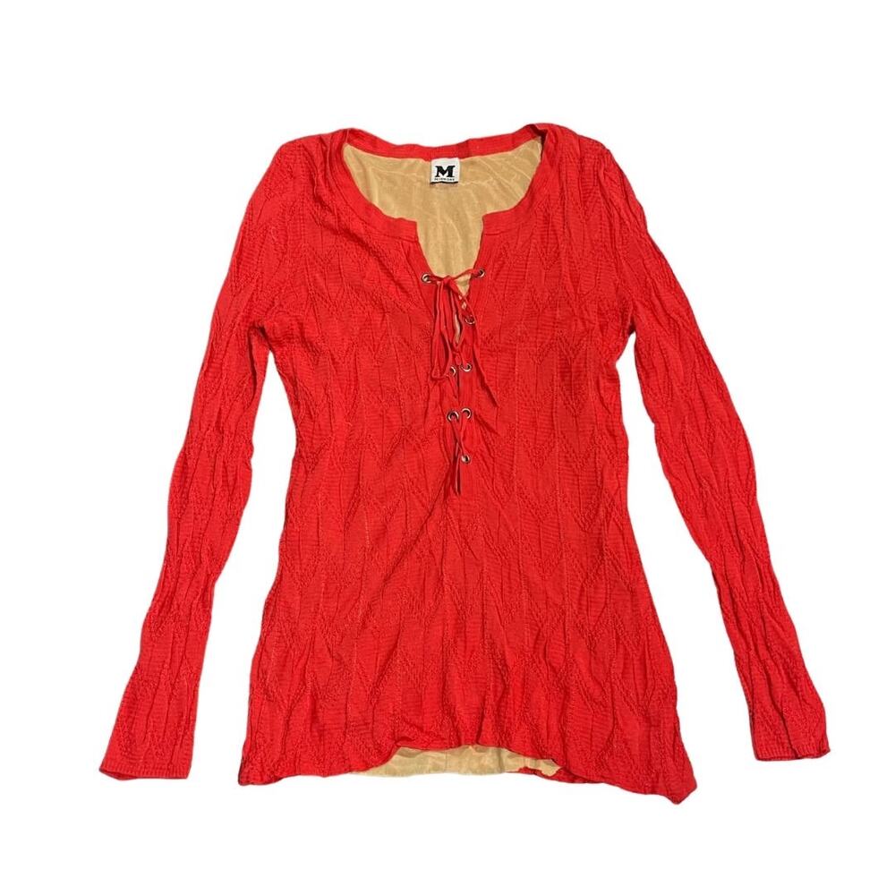 Missoni Long Sleeve Red Textured Knit Top Lace up Neckline SZ 42 L Quite Luxury